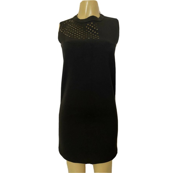 E Fi Mini Dress Black Sleeveless Laser Cut Crew Neck Shift Back Zip S - Picture 1 of 7